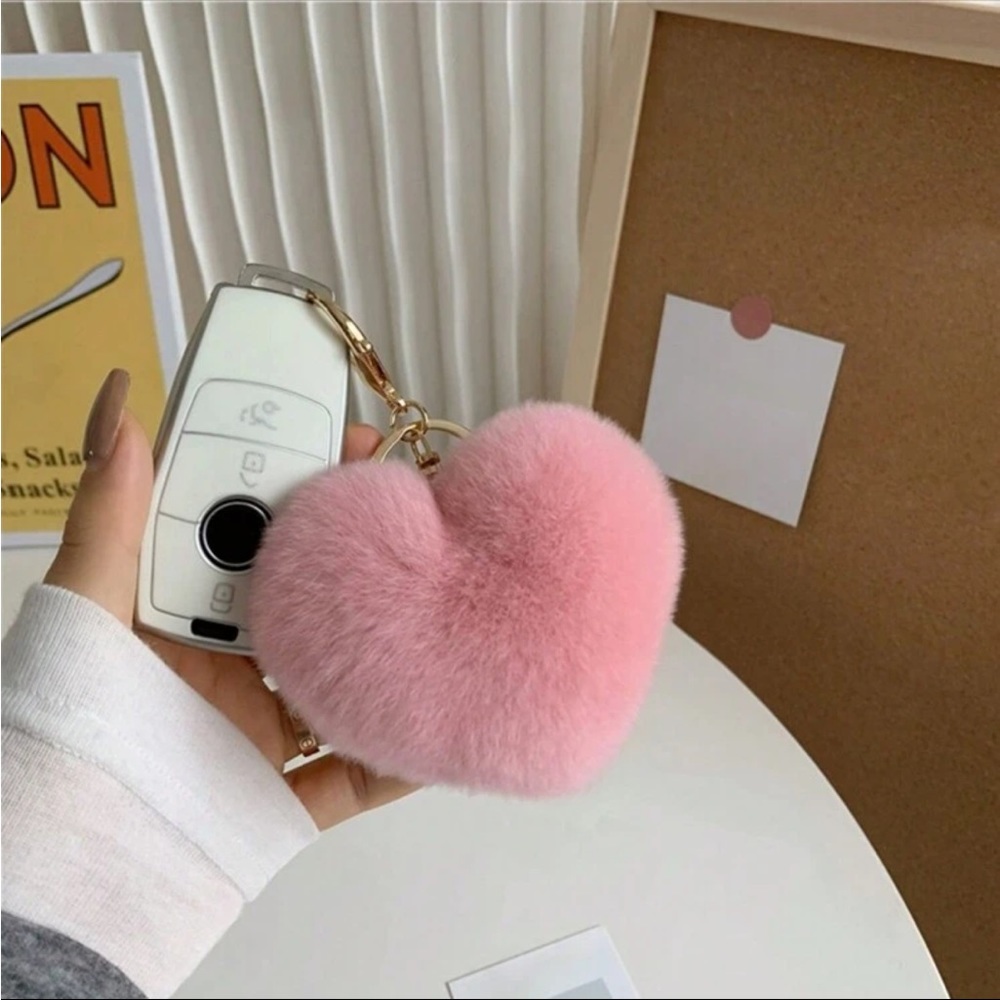 Plush Heart Keychain, Fuzzy Pink Heart Keychain, Furry Keychain